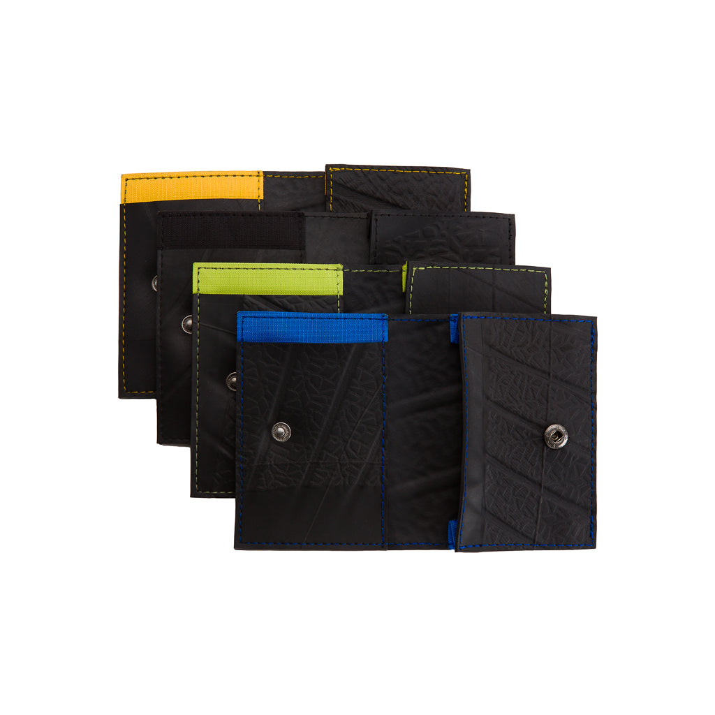Paguro Upcycle vegan slim card holder in black with colorful trim and button closure